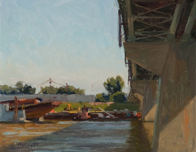 Bridge Shadows and Barge Repair 8.25 x 10